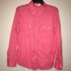 New York & Company Watermelon Pink LS Semi-Sheer Buttondown Large Shirt